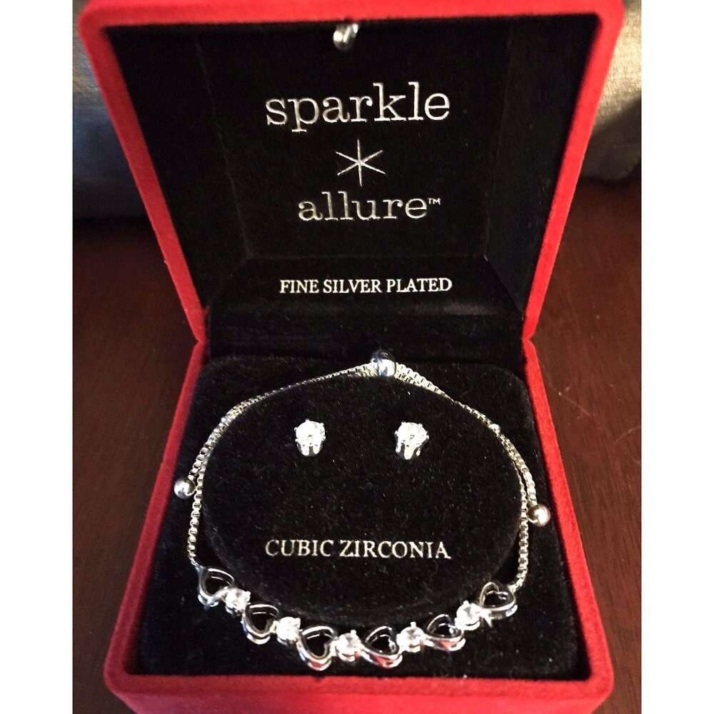 NEW Sparkle Allure Cubic Zirconia Fine Silver Plated Heart Bracelet & Studs NEW